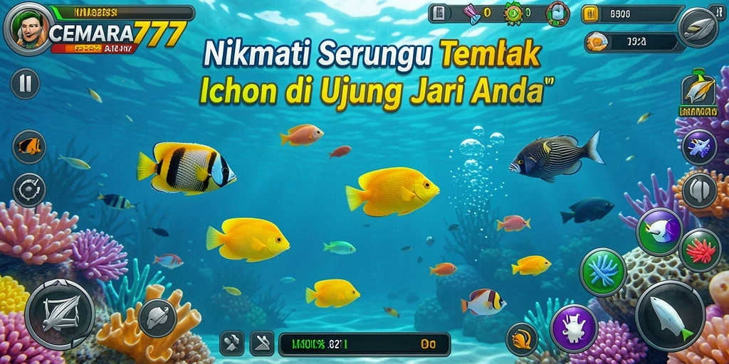 Tampilan gameplay seru di CEMARA777, menembak ikan berwarna-warni.