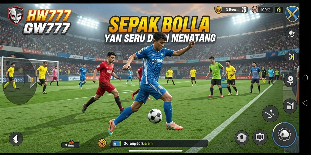 Screenshot gameplay HW777 menampilkan aksi seru di lapangan sepak bola.