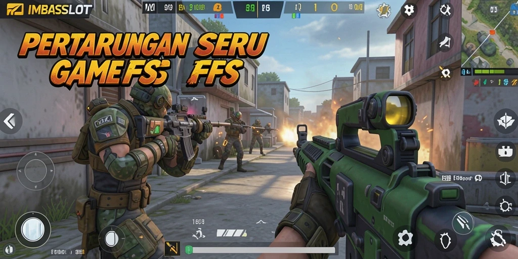 Screenshot gameplay IMBASLOT menampilkan aksi seru di medan perang FPS.