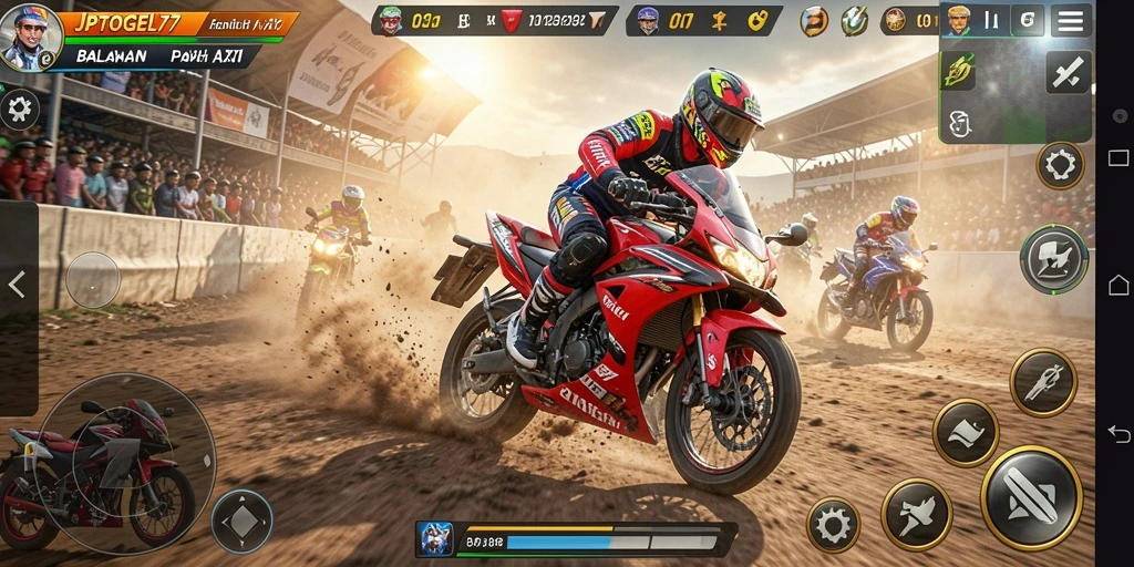 Screenshot gameplay <strong>JPTOGEL77</strong> menampilkan momen balapan motor yang mendebarkan.
