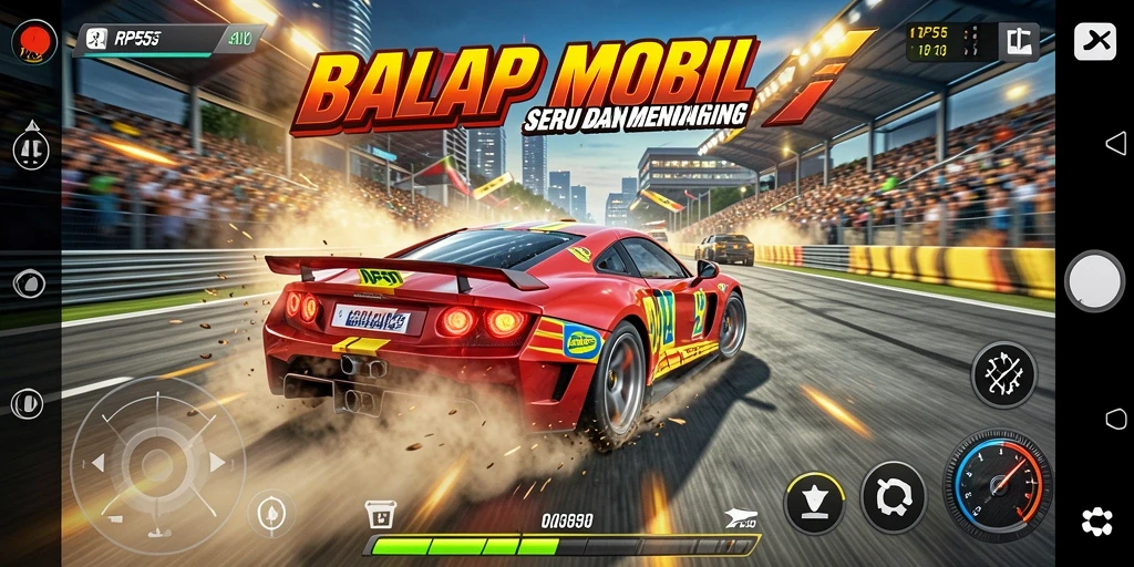 Tampilan gameplay seru balapan mobil di RP55 yang menegangkan.
