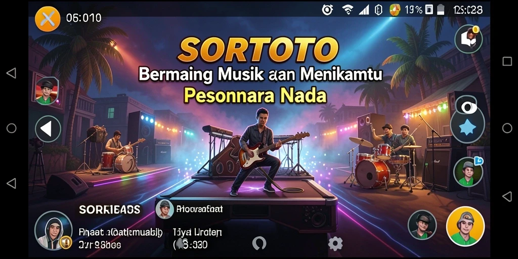 Tampilan gameplay SORTOTO yang penuh energi dan interaksi musik.