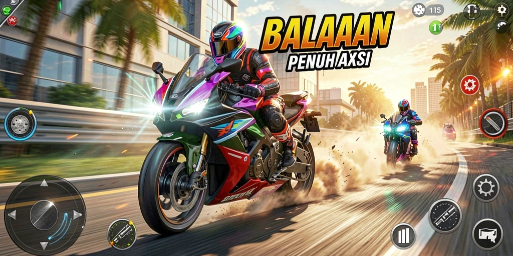 Screenshot gameplay T6 yang menunjukkan aksi balapan motor yang mendebarkan.
